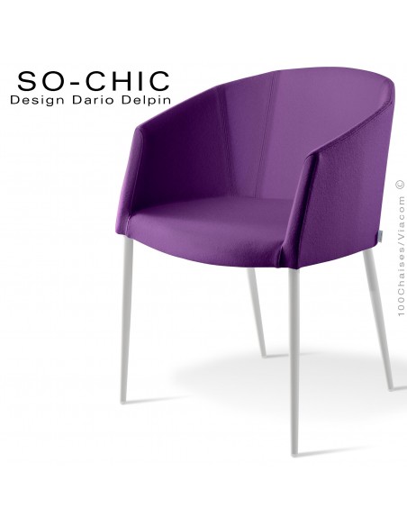 Fauteuil design tendance SO-CHIC, piètement 4 pieds acier peint blanc, assise garnie, habillage 100% laine type feutre violet