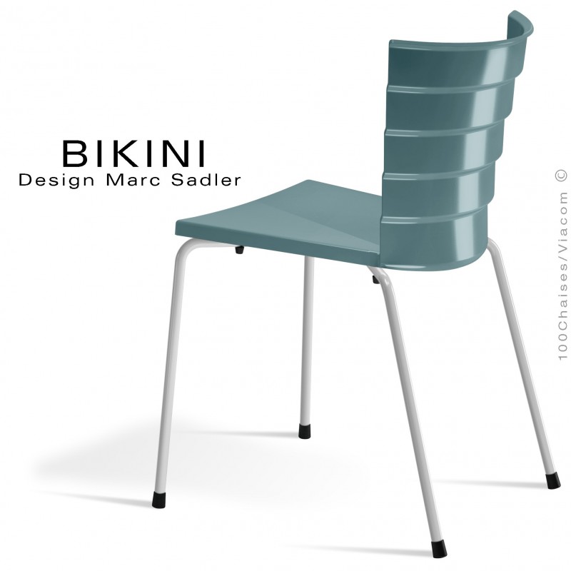 Chaise design pour terrasse BIKINI, piètement acier peint blanc, assise plastique gris