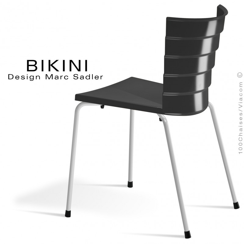 Chaise design pour terrasse BIKINI, piètement acier peint blanc, assise plastique noir