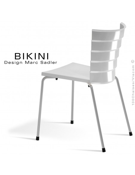 Chaise design pour terrasse BIKINI, piètement acier peint gris, assise plastique blanche