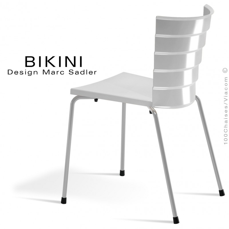 Chaise design pour terrasse BIKINI, piètement acier peint gris, assise plastique blanche