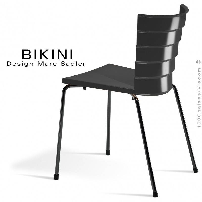 Chaise design pour terrasse BIKINI, piètement acier peint noir, assise plastique noir