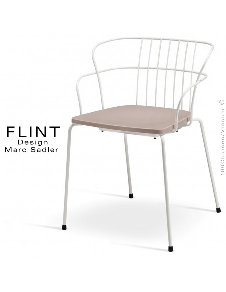 Fauteuil dossier en fil design pour terrasse et hôtellerie FLINT structure acier peint blanc, assise gris tourterelle