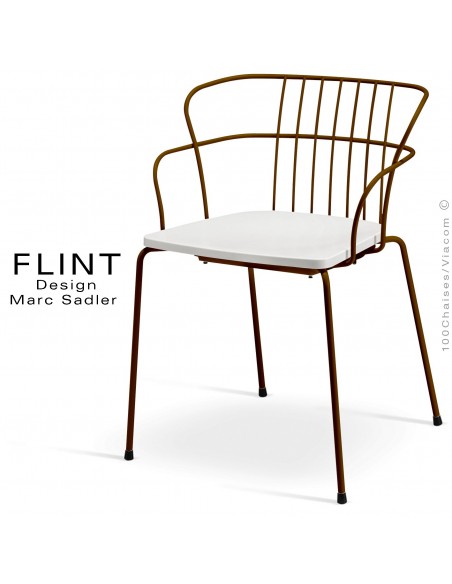 Fauteuil dossier en fil design pour terrasse et hôtellerie FLINT structure acier peint brun, assise plastique blanc