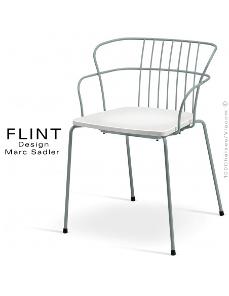 Fauteuil dossier en fil design pour terrasse et hôtellerie FLINT structure acier peint gris, assise plastique blanc