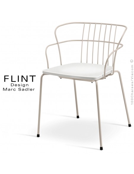 Fauteuil dossier en fil design pour terrasse et hôtellerie FLINT structure acier peint ivoire, assise plastique blanc