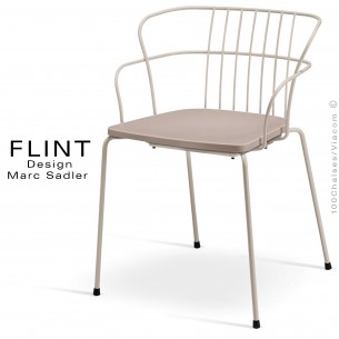 Fauteuil dossier en fil design pour terrasse et hôtellerie FLINT structure acier peint ivoire, assise gris tourterelle