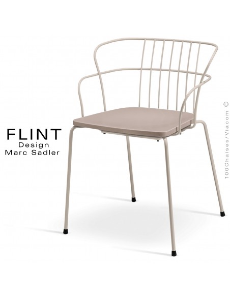 Fauteuil dossier en fil design pour terrasse et hôtellerie FLINT structure acier peint ivoire, assise gris tourterelle