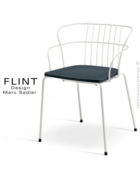 Fauteuil dossier en fil dacier pour terrasse et hôtellerie FLINT structure acier peint blanche, assise plastique anthracite