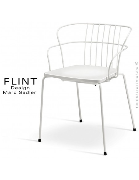 Fauteuil dossier en fil design pour terrasse et hôtellerie FLINT structure acier peint blanc, assise plastique blanche