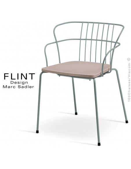 Fauteuil dossier en fil design pour terrasse et hôtellerie FLINT structure acier peint gris, assise gris tourterelle