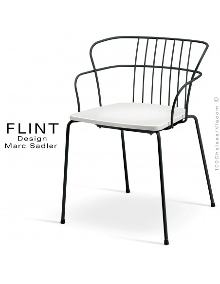 Fauteuil dossier en fil design pour terrasse et hôtellerie FLINT structure acier peint noir, assise blanche