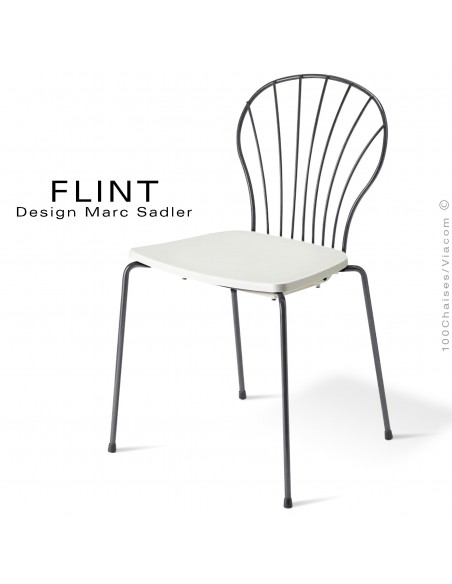Chaise dossier en fil d'acier design pour terrasse et hôtellerie FLINT structure peint antharcite, assise plastique blanche
