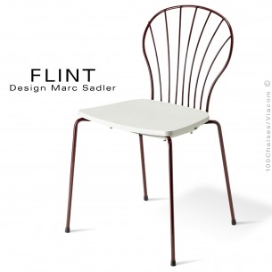 Chaise dossier en fil d'acier design pour terrasse et hôtellerie FLINT structure peint brun, assise plastique couleur blanche