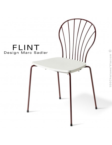Chaise dossier en fil d'acier design pour terrasse et hôtellerie FLINT structure peint brun, assise plastique couleur blanche