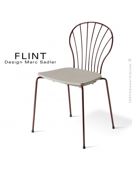 Chaise dossier en fil d'acier design pour terrasse et hôtellerie FLINT structure peint brun, assise plastique tourterelle