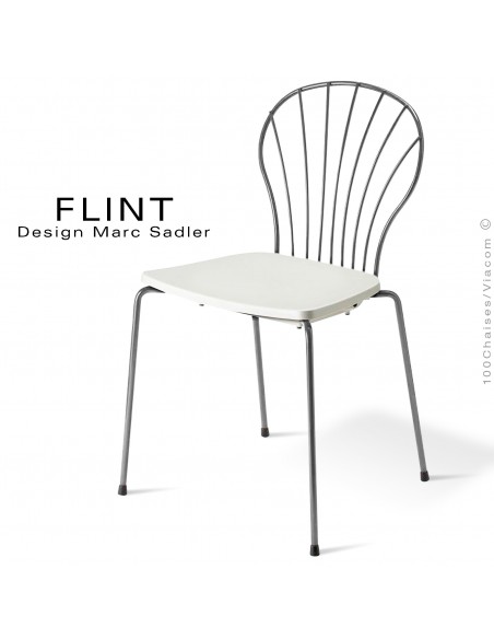Chaise dossier en fil d'acier design pour terrasse et hôtellerie FLINT structure peint gris clair, assise plastique blanche