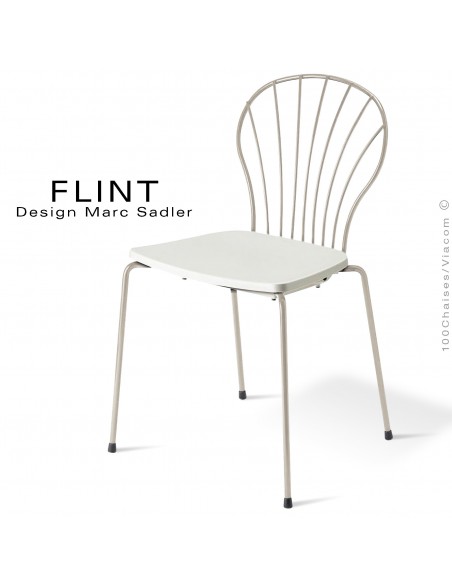 Chaise dossier en fil d'acier design pour terrasse et hôtellerie FLINT structure peint ivoire, assise plastique couleur blanche