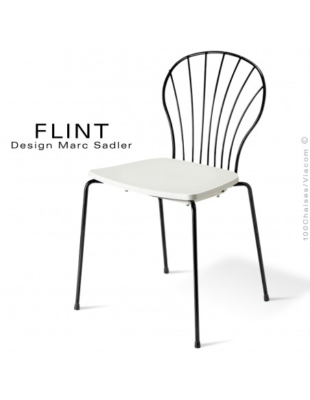 Chaise dossier en fil d'acier design pour terrasse et hôtellerie FLINT structure peint noir, assise plastique couleur blanche
