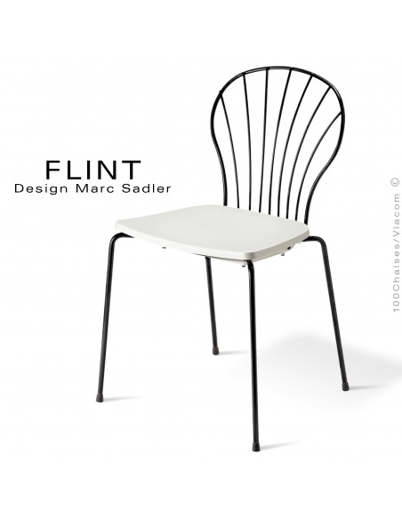 Chaise dossier en fil d'acier design pour terrasse et hôtellerie FLINT structure peint noir, assise plastique couleur blanche