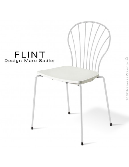 Chaise dossier en fil d'acier design pour terrasse et hôtellerie FLINT structure peint blanc, assise plastique couleur blanche
