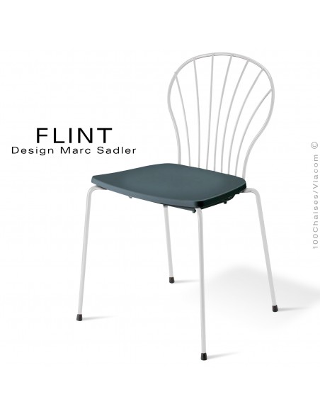 Chaise dossier en fil d'acier design pour terrasse et hôtellerie FLINT structure peint blanc, assise plastique couleur anthacite