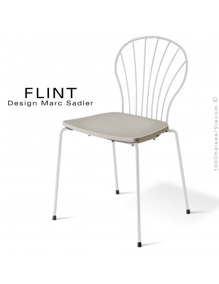 Chaise dossier en fil d'acier design pour terrasse et hôtellerie FLINT structure peint blanc, assise plastique tourterelle
