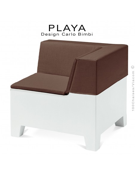Banquette extérieur modulable d'angle PLAYA, structure plastique de couleur blanche avec coussin d'assise moka.
