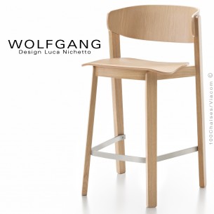 Tabouret design WOLFGANG, pour cuisine et îlot central, structure et assise chêne clair.