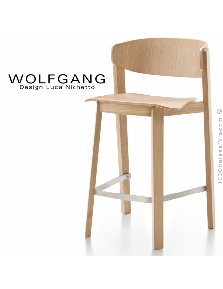 Tabouret design WOLFGANG, pour cuisine et îlot central, structure et assise chêne clair.