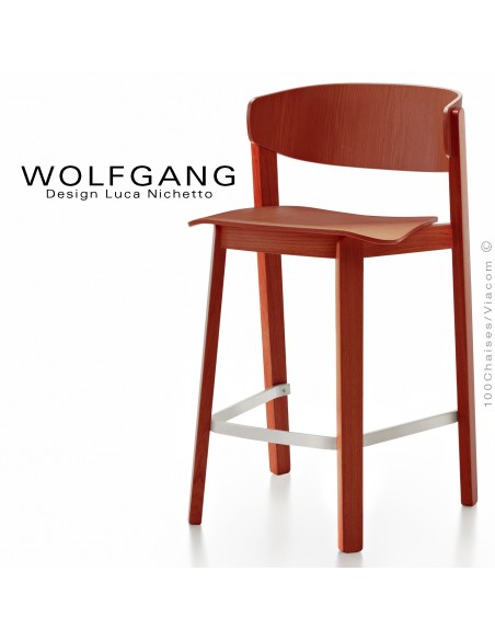 Tabouret design WOLFGANG, pour cuisine et îlot central, structure et assise chêne vernis cerisier.