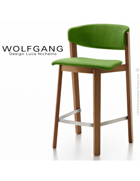 Tabouret en bois design WOLFGANG, piétement vernis noyer moyen, assise et dossier habillage tissu couleur vert.