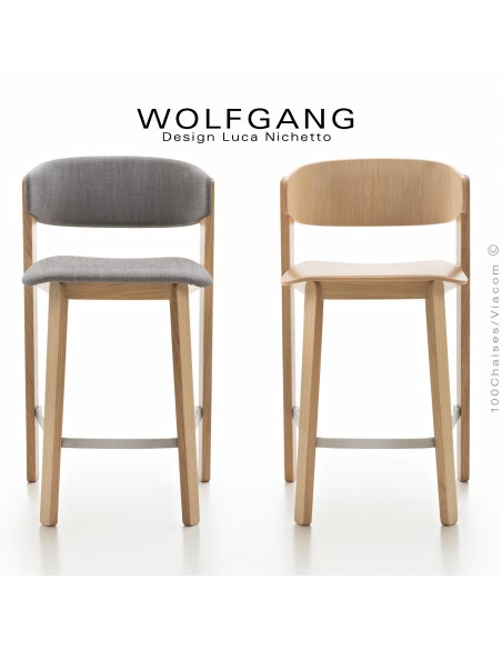Tabouret bois design WOLFGANG, piétement chêne clair, assise et dossier habillage tissu couleur au choix.
