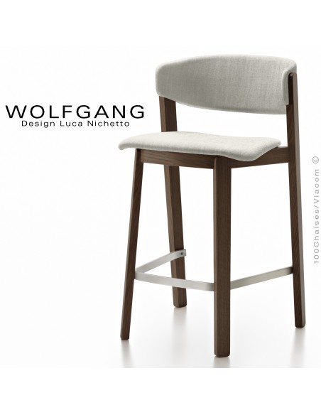 Tabouret en bois design WOLFGANG, piétement vernis wengé, assise et dossier habillage tissu couleur blanc.