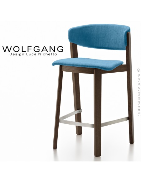 Tabouret en bois design WOLFGANG, piétement vernis wengé, assise et dossier habillage tissu couleur bleu.