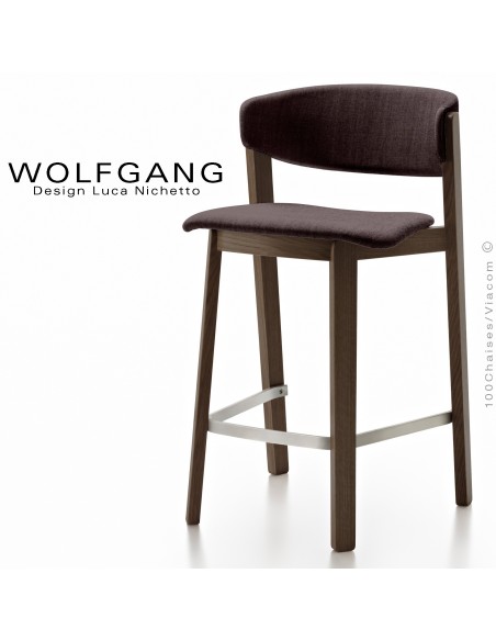 Tabouret en bois design WOLFGANG, piétement vernis wengé, assise et dossier habillage tissu couleur chocolat.