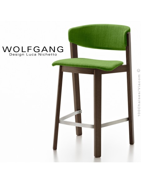 Tabouret en bois design WOLFGANG, piétement vernis wengé, assise et dossier habillage tissu couleur vert clair.