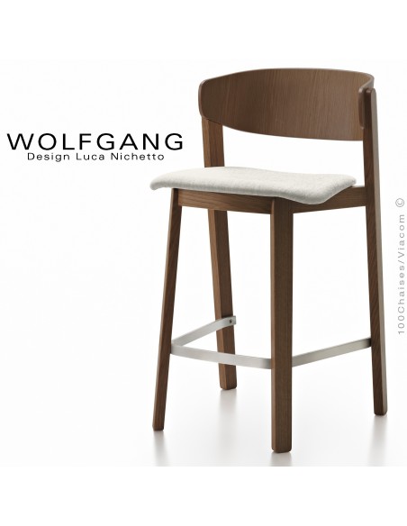 Tabouret design en bois WOLFGANG, pour cuisine et îlot central, vernis wengé, assise habillage tissu couleur blanc