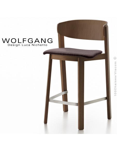 Tabouret design en bois WOLFGANG, pour cuisine et îlot central, vernis wengé, assise habillage tissu couleur chocolat.