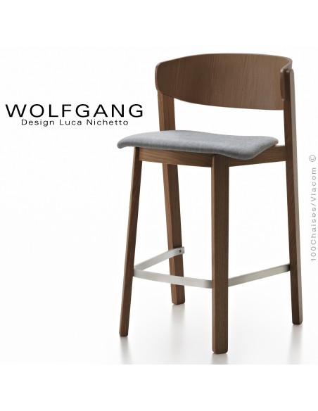 Tabouret design en bois WOLFGANG, pour cuisine et îlot central, vernis wengé, assise habillage tissu couleur gris moyen.