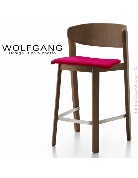 Tabouret design en bois WOLFGANG, pour cuisine et îlot central, vernis wengé, assise habillage tissu couleur rouge.