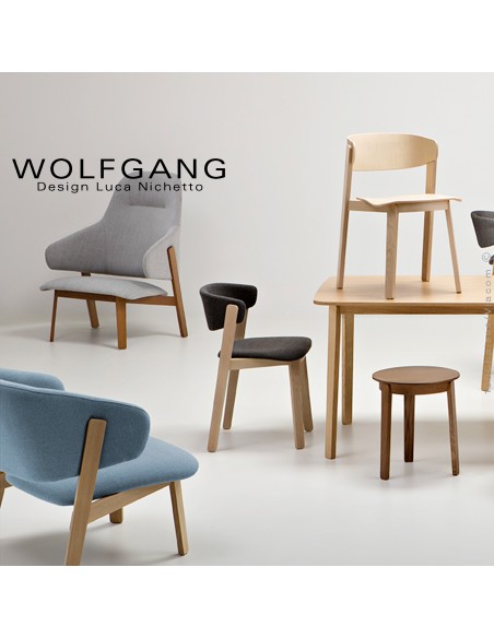 Collection WOLFGANG, chaise, tabouret, fauteuil, table basse, table haute pour un intérieur très scandinave.