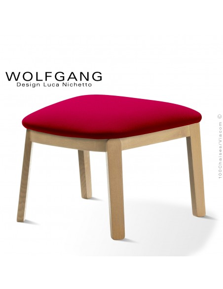 Repose-pieds pour fauteuil lounge assise basse WOLFGANG piètement chêne clair, habillage tissu couleur rouge.