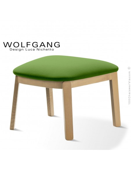 Repose-pieds pour fauteuil lounge assise basse WOLFGANG piètement chêne clair, habillage tissu couleur vert.