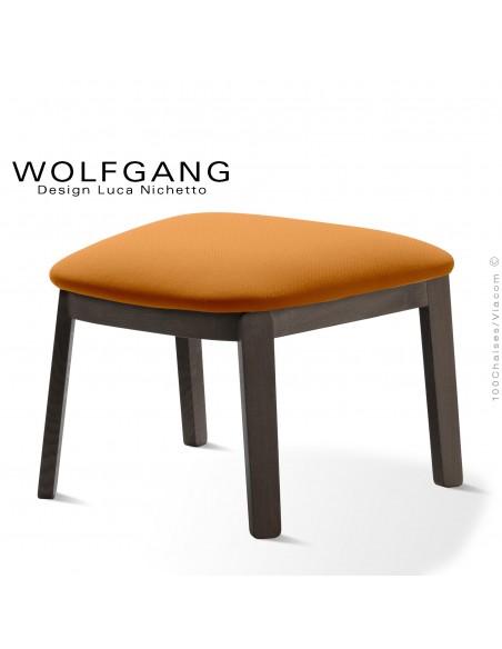 Repose-pieds pour fauteuil lounge assise basse WOLFGANG piètement chêne vernis wengé, habillage tissu couleur orange