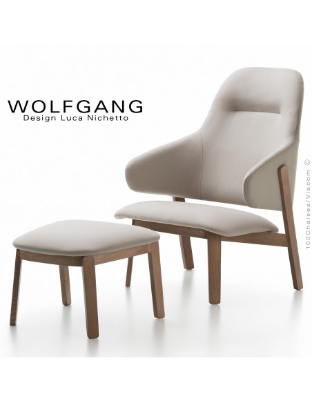 Repose-pieds pour fauteuil lounge assise basse WOLFGANG piètement chêne vernis au choix, habillage tissu.