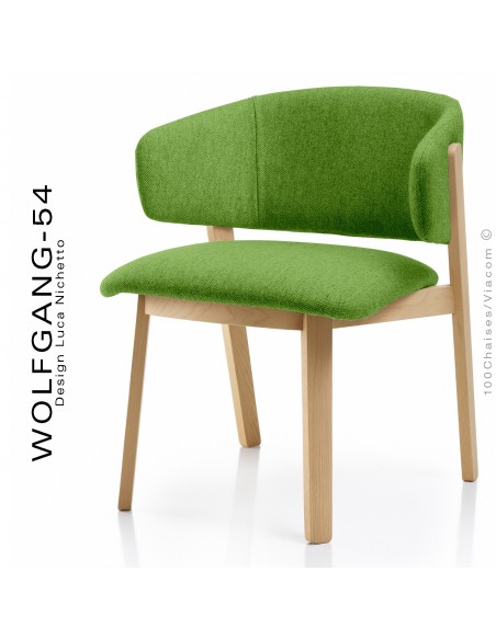Petit fauteuil lounge WOLFGANG, structure chêne naturel, assise et dossier capitonnés, habillage tissu vert.
