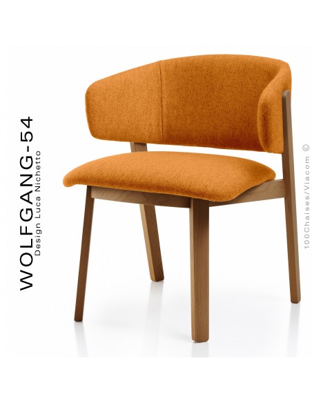 Petit fauteuil lounge WOLFGANG, structure chêne vernis noyer, assise et dossier garnis, habillage tissu orange