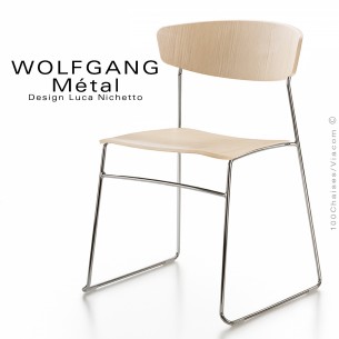chaise WOLFGANG Métal, structure et piétement chromé, assise et dossier chêne blanchie