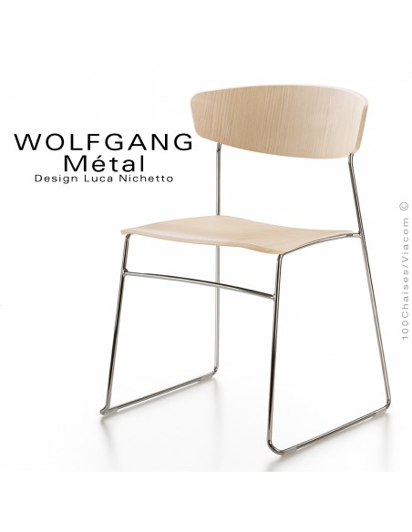 chaise WOLFGANG Métal, structure et piétement chromé, assise et dossier chêne blanchie
